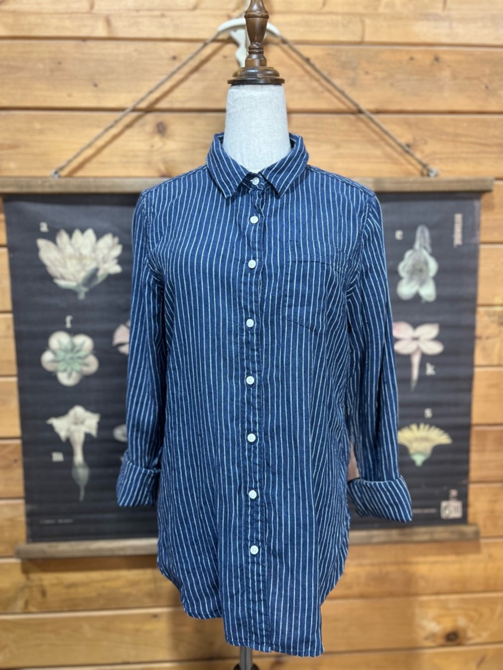 L.L. Bean Linen Striped Button Up Shirt Blue White Oxford Style Small